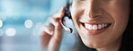 Microphone, mockup or happy consultant in call center helping, talking or networking online. Mouth zoom, woman or insurance agent in communication smiles with pride at customer services or sales job