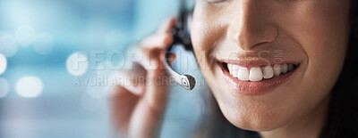 Buy stock photo Microphone, mockup or happy consultant in call center helping, talking or networking online. Mouth zoom, woman or insurance agent in communication smiles with pride at customer services or sales job