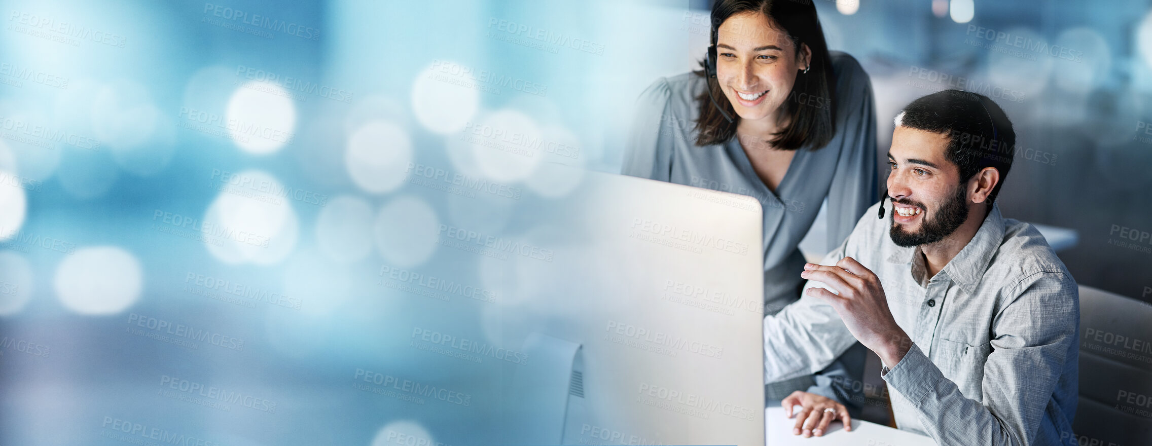 Buy stock photo Training, crm or manager with a consultant in a call center helping, talking or networking online. Bokeh mockup, happy woman or insurance agent in communication at customer services or sales support