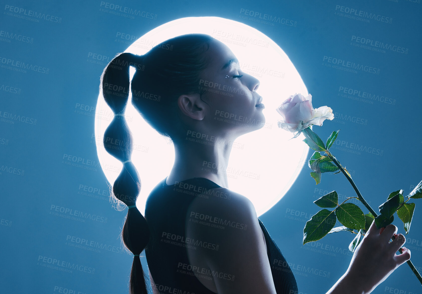 Buy stock photo Circle light, art and woman in studio on blue background with flower for dark beauty aesthetic, magic and fantasy. Night, futuristic or creative model person with white rose on moon spotlight mockup