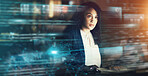 Futuristic, AI and business woman, cyber data and connectivity with iot overlay and technology innovation. Digital transformation, metaverse and tech analytics, web dashboard and internet holographic