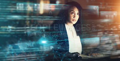 Buy stock photo Futuristic, AI and business woman, cyber data and connectivity, iot overlay and technology innovation. Digital transformation, tech analytics and mockup space, web dashboard and internet holographic