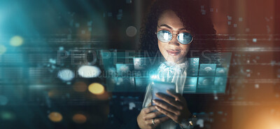 Buy stock photo Futuristic, AI and business woman, smartphone and connectivity, cyber data overlay and technology innovation. Digital transformation, mockup space and tech analytics, dashboard and internet hologram