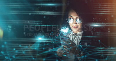 Buy stock photo Business woman, overlay and phone for global map at night for tracking and information technology. Iot, smile and future 3d world hologram in dark with person networking with location for innovation