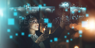 Buy stock photo Woman, tech overlay and phone in night at office for finance research, data analytics or digital job. Cybersecurity expert, fintech or focus in dark workplace with 3d hologram abstract with happiness