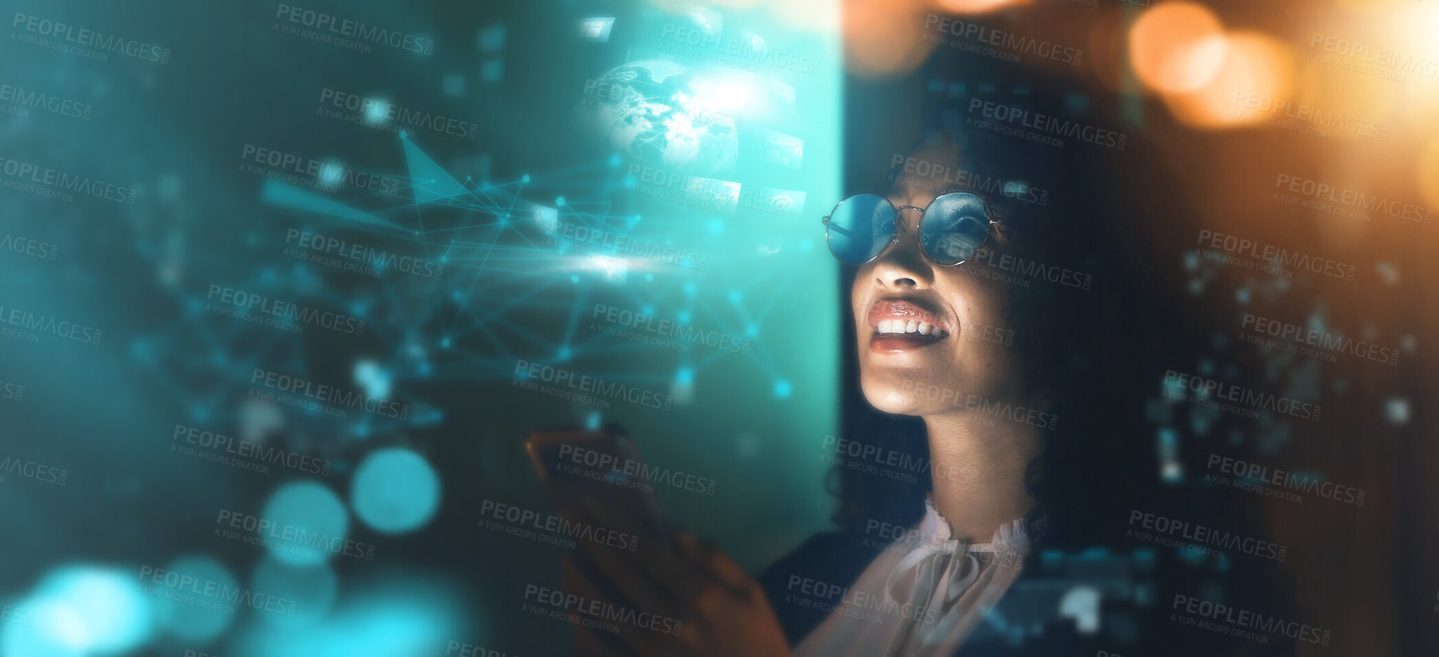 Buy stock photo Black woman, technology overlay and phone in office for fintech, data analytics or digital job in night. Cybersecurity expert, research or happy in dark for 3d hologram abstract in programming code