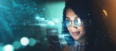 Buy stock photo Woman, phone and technology overlay in office for research, data analytics or digital job in night. Cybersecurity expert, fintech and focus in dark workplace with 3d hologram ux for programming code