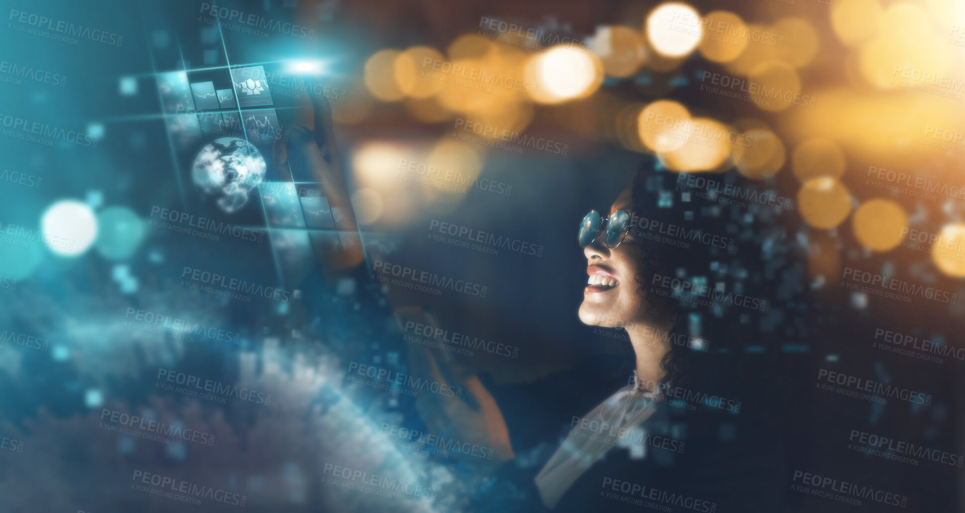 Buy stock photo Black woman, overlay and global tech at night for research, information technology or digital job. Iot, smile and future 3d world hologram in dark workplace with person networking and cloud computing