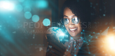 Buy stock photo Business woman, overlay and global tech at night for network connection and information technology. Iot, smile and future 3d world hologram mockup, person in dark workplace for digital data research