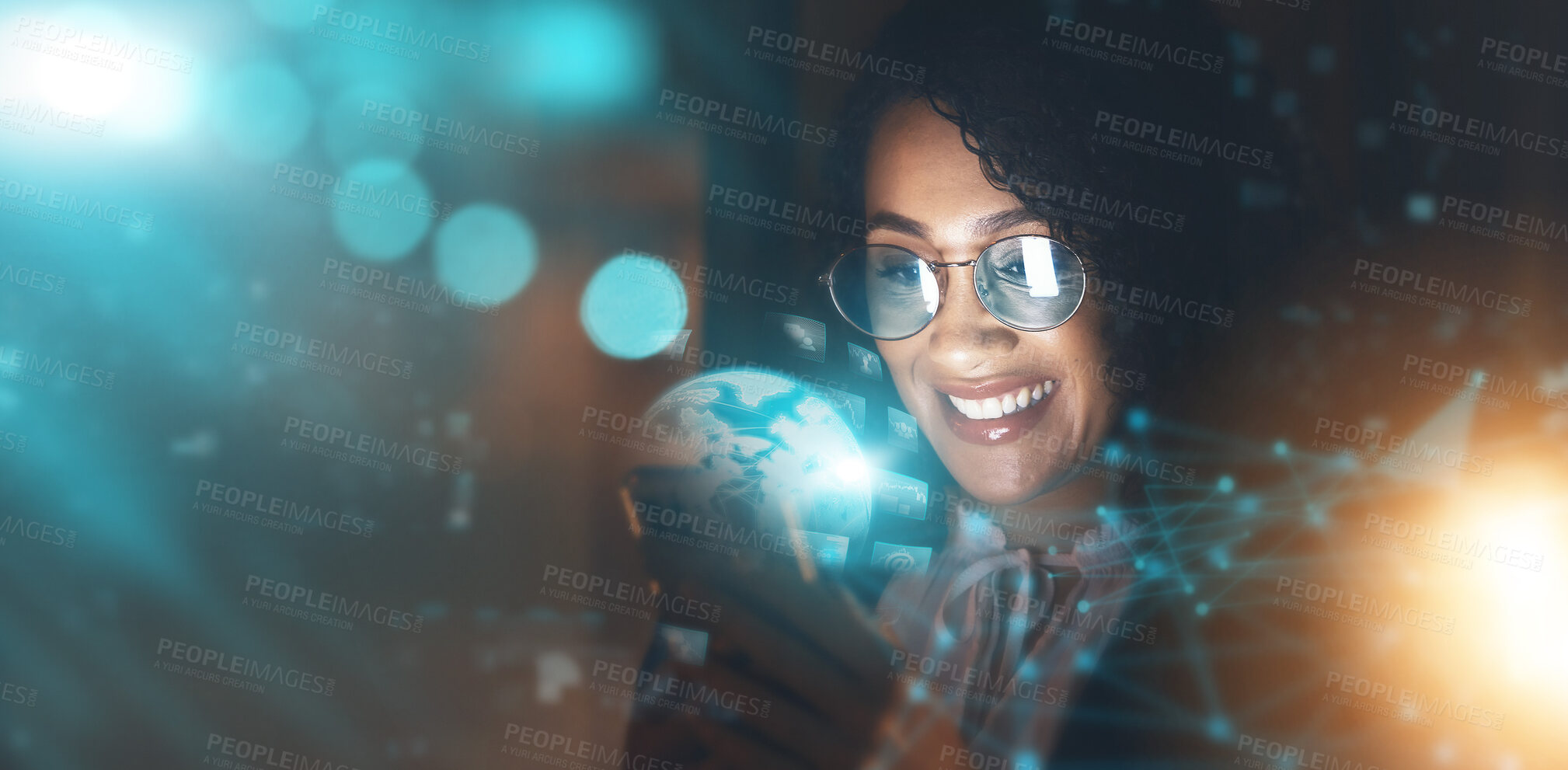 Buy stock photo Business woman, overlay and global tech at night for network connection and information technology. Iot, smile and future 3d world hologram mockup, person in dark workplace for digital data research