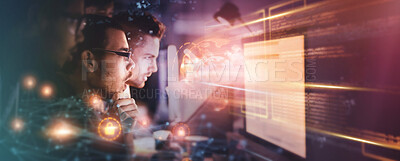 Buy stock photo Digital overlay, cybersecurity and business people on computer working on software, database and research. Information technology, programming success and men with 3d hologram for networking at night