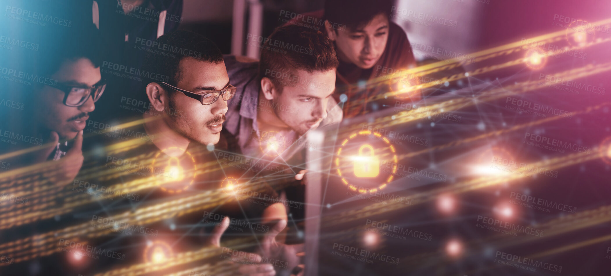 Buy stock photo Teamwork, cybersecurity overlay and business people on computer working on software, database and crypto. Information technology, innovation and programmers thinking with 3d hologram for research