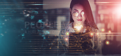 Buy stock photo Overlay, hologram and cybersecurity with a business woman in a dark office working late at night on programming. Mockup, cloud computing and programming with a female developer at work on software