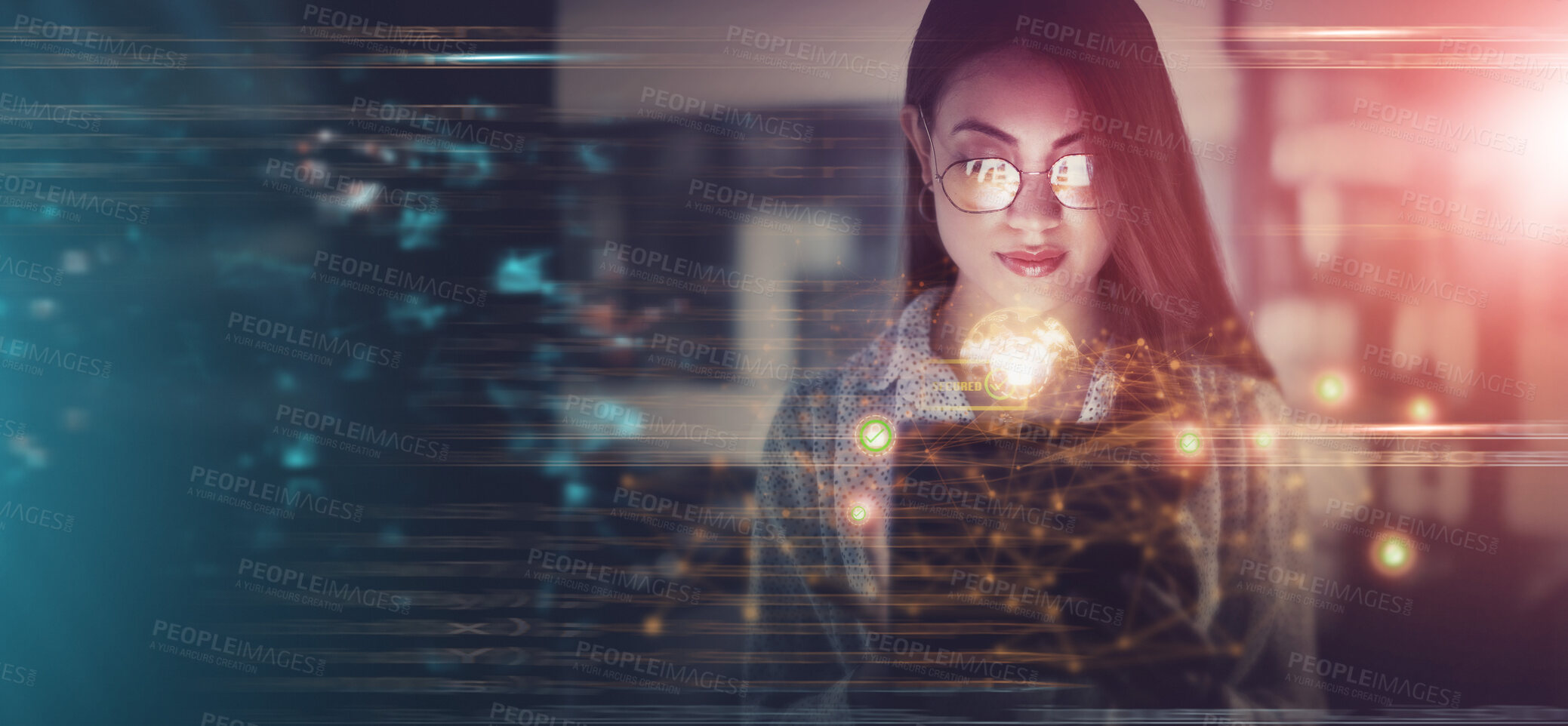 Buy stock photo Overlay, hologram and cybersecurity with a business woman in a dark office working late at night on programming. Mockup, cloud computing and programming with a female developer at work on software