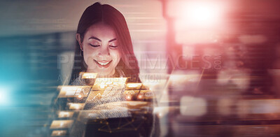 Buy stock photo Overlay, software and cyber security with a business woman in a dark office working late at night on programming. Digital, cloud computing or programming with a female developer at work on a hologram