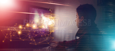 Buy stock photo Man, computer and overlay in night with space for mockup, innovation or development in office. Information technology, web design expert and 3D hologram abstract for planning, coding or cybersecurity
