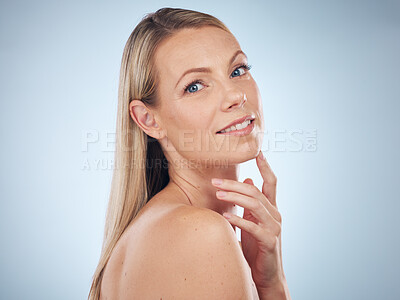 Buy stock photo Face portrait, beauty and skincare of woman in studio isolated on a gray background. Makeup, cosmetics and female model happy and satisfied after spa facial treatment for healthy and glowing skin.