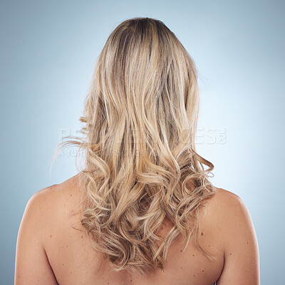 Buy stock photo Beauty, hair care and back of woman in studio isolated on a gray background. Haircare, keratin cosmetics and female model with curly hairstyle after salon treatment for growth, texture or balayage