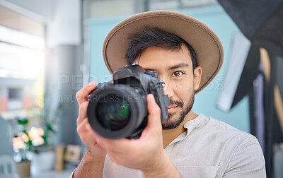 Buy stock photo  Camera, portrait and photographer man in studio for photo shoot, creative and confident, professional and setup. Magazine, photography and face of asian male taking pictures, photo and backstage