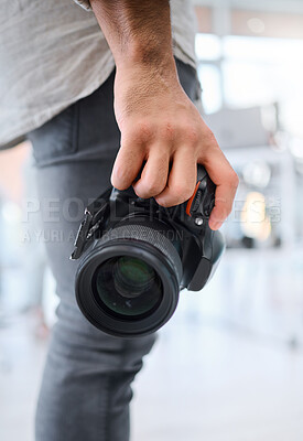 Buy stock photo Digital photography, camera and hands of man in studio shooting creative memory picture, photoshoot or production. Lens, art creativity or professional photographer with dslr for artistic vision shot