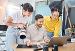 Photographer, collaboration and laptop with a designer team working on a photoshoot in the studio. Photography, teamwork or computer with a man and woman creative group for a post production edit