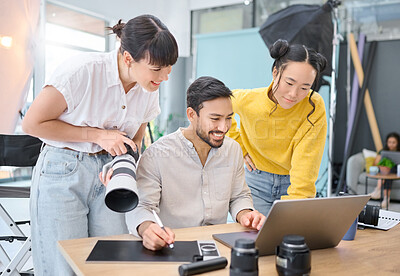 Buy stock photo Photographer, collaboration and laptop with a designer team working on a photoshoot in the studio. Photography, teamwork or computer with a man and woman creative group for a post production edit