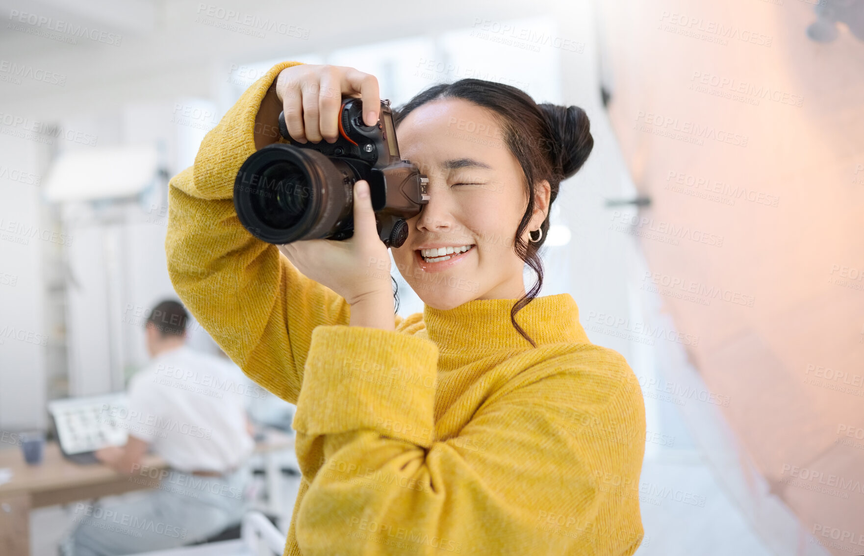 Buy stock photo Photography, camera and photographer in studio shooting creative memory picture, Japanese photoshoot or digital production. Lens focus, art creativity and young Asian woman working for artistic shot