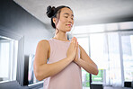 Yoga faith, praying and woman with gratitude for her mind, peace and calm start to the morning. Hope, freedom and Asian girl in the living room for a mindset exercise, spiritual and mindfulness