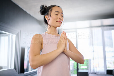 Buy stock photo Yoga, meditate and woman with gratitude for her mind, peace and calm start to the morning. Hope, freedom and Asian girl in the living room for a mindset exercise, spiritual faith and mindfulness