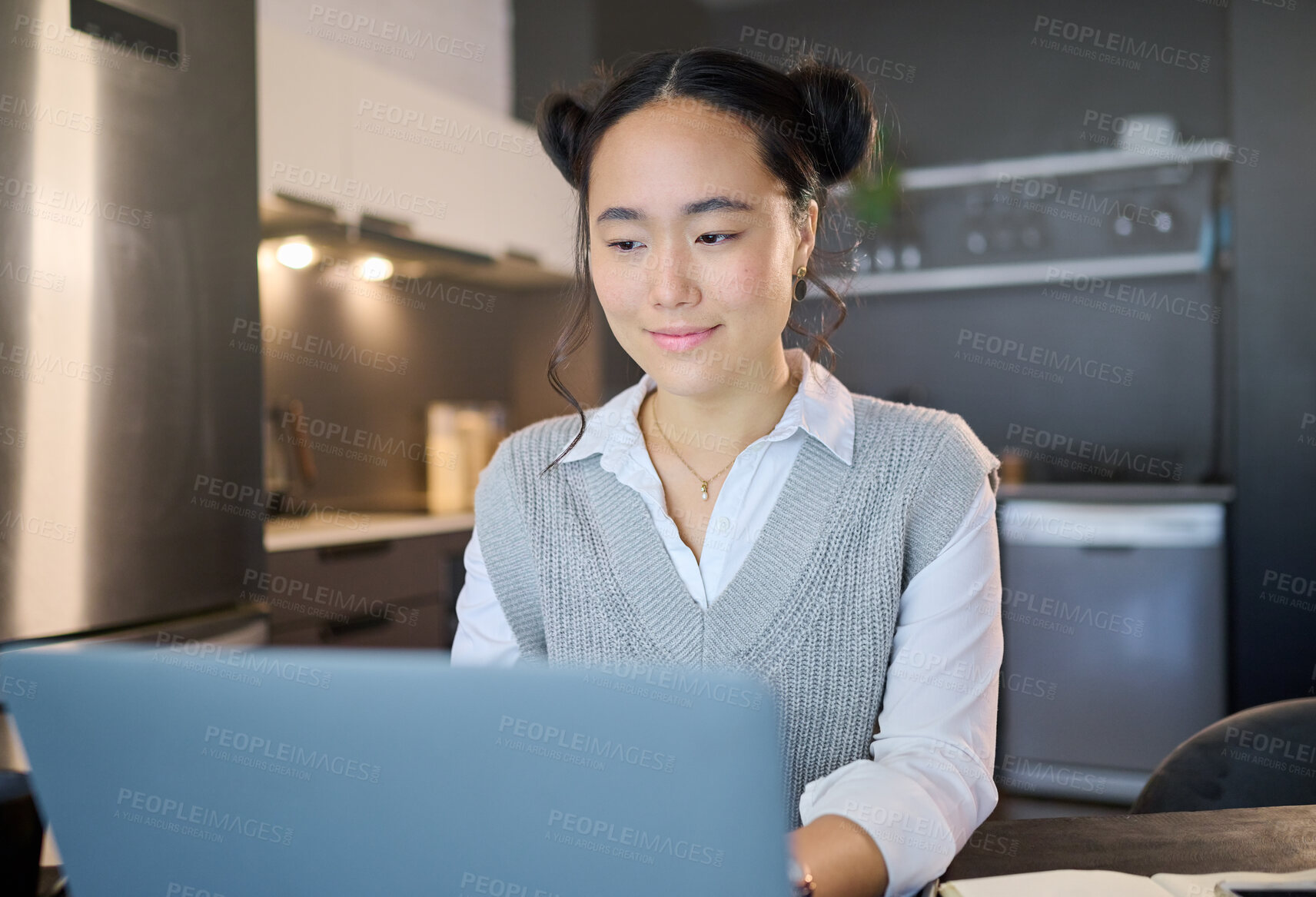 Buy stock photo Remote work, laptop and freelancer woman is working at her home typing growth strategy or project online. Employee, worker or Asian consultant doing research for the business or startup
