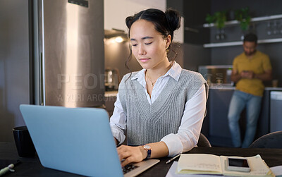 Buy stock photo Startup, laptop and business woman working remote work from home typing a growth strategy or project online. Employee, worker or Asian freelancer doing research on a website, web or internet