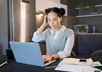 Buy stock photo Thinking, idea and business Asian woman with laptop working on report, online proposal and project at home. Remote work, documents and female worker with computer for research, strategy and planning 