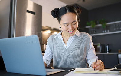 Buy stock photo Idea, writing in notebook and business Asian woman with laptop working on report, budget and project at home. Remote work, success and female worker with computer for research, strategy and planning