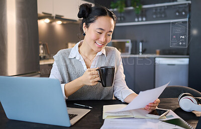 Buy stock photo Coffee, business and Asian woman with documents and laptop working on report, financial review and project. Remote work, planning and female worker with paperwork for schedule, budget and strategy