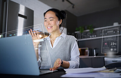 Buy stock photo Computer overlay, futuristic data and ai hologram with a asian woman working with 3d design. Digital, future and laptop infographic of a virtual reality designer employee doing a graphic analysis