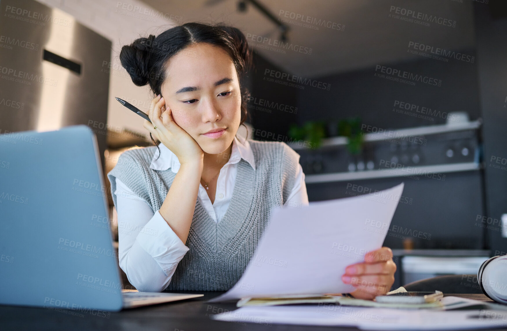 Buy stock photo Thinking, remote work and Asian woman with documents, laptop and paperwork for working from home. Business, freelancer and female worker reading strategy report, project review and research ideas