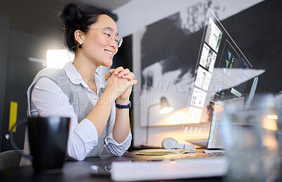 Buy stock photo Digital overlay, futuristic computer data and ai hologram with a asian woman with 3d design. Ux, future and laptop infographic of a virtual reality designer employee doing a graphic analysis on web