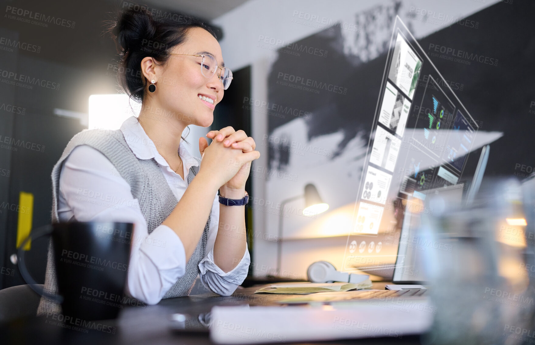 Buy stock photo Digital overlay, futuristic computer data and ai hologram with a asian woman with 3d design. Ux, future and laptop infographic of a virtual reality designer employee doing a graphic analysis on web