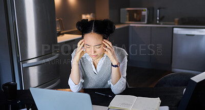 Stress, headache and woman on laptop, glitch and burnout while working at night in a kitchen. Tired, entrepreneur and business fail by asian female worker frustrated with online, project and mistake
