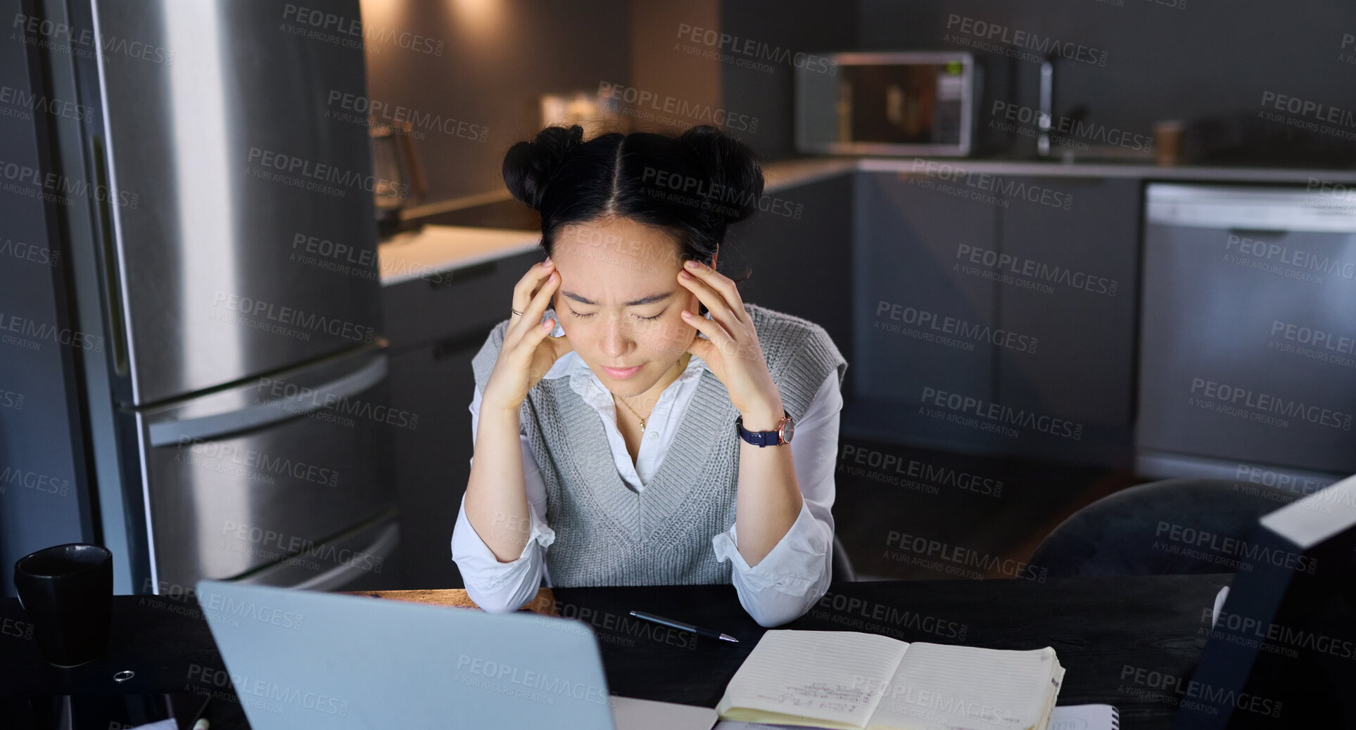 Buy stock photo Stress, headache and woman on laptop, glitch and burnout while working at night in a kitchen. Tired, entrepreneur and business fail by asian female worker frustrated with online,  project and mistake