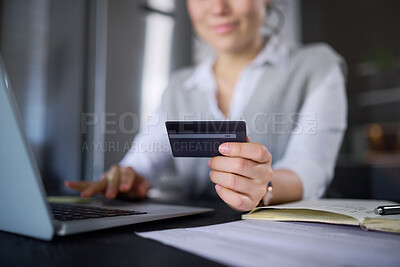 Buy stock photo Laptop, online shopping and hands of woman with credit card for digital banking or payment. Ecommerce, fintech and female with computer for buying, paying bills or finance budget in home at night.