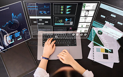 Buy stock photo Woman, laptop hologram and stock market finance from above of economy, network or asset management. Financial analysis, computer and digital overlay of graphs, database or global investment analytics