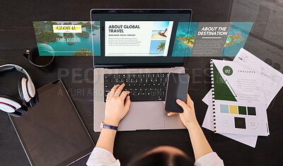 Buy stock photo Hands, phone and laptop with website hologram for travel, trip or planning destination for holiday getaway at office. Hand of woman employee checking 3D digital homepage or searching on computer