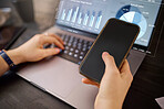 Hands, phone and laptop with hologram in analytics for chart, graph or marketing statistics. Hand of analyst checking 3D digital data for corporate or company sales on computer with smartphone mockup