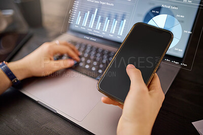 Buy stock photo Hands, phone and laptop with hologram in analytics for chart, graph or marketing statistics. Hand of analyst checking 3D digital data for corporate or company sales on computer with smartphone mockup