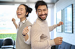 Couple, love and dance in home living room, having fun and laughing while enjoying time together. Music freedom, diversity and interracial man and woman dancing, smile and bonding in lovely house.