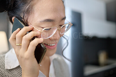 Buy stock photo Smile, conversation and Asian woman on a phone call for communication, talking and networking. Contact, happy and Japanese girl speaking on a mobile for discussion and comic story with mockup