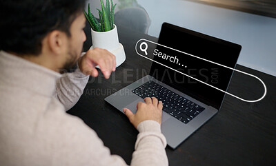 Buy stock photo Man, hands and laptop hologram with search engine, seo database and user software for network innovation. Computer, research and typing on digital overlay for website, internet information and online