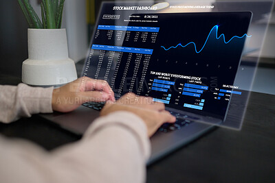 Buy stock photo Stock market, dashboard and trader man typing on laptop as investment analyst for cryptocurrency data. Hands of business person or borker on home internet for trading graph overlay, code and stocks