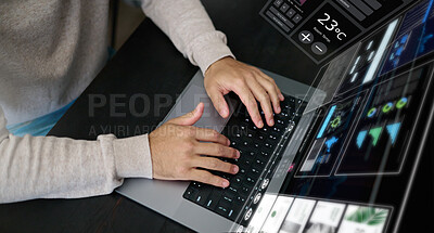 Buy stock photo Man, hands and laptop hologram with dashboard, data analysis and software for network innovation. Above, computer typing and digital overlay for website, database and internet analytics on technology